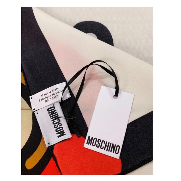 NWT MOSCHINO Signature Teddy Bear Red ❤️100% Silk Large Wrap/Scarf - Picture 5 of 9